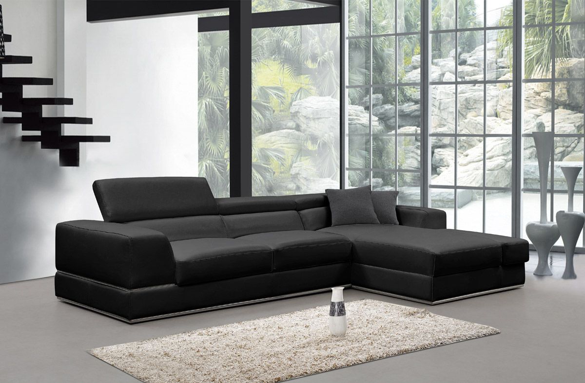 Divani Casa Pella Mini Modern Black Leather Right Facing Sectional Sofa Alt01