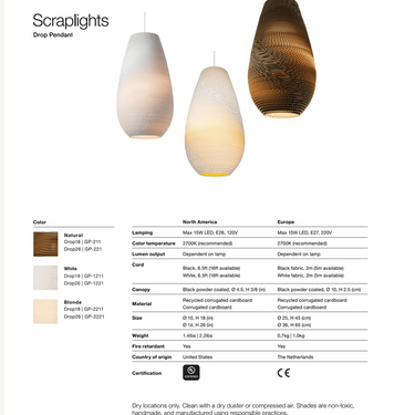 Drop Scraplights pendant specification and size drawing, view one