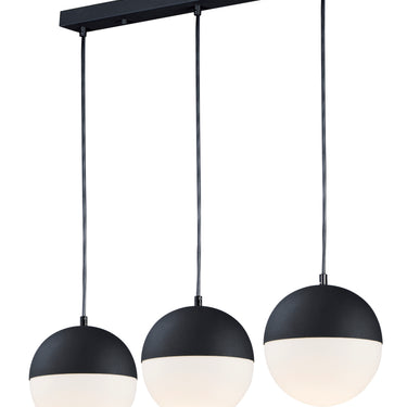 ET2 Half Moon 3-Light pendant, Black, three spheres at stepped heights under a black linear canopy, front view