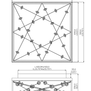 ET2 Entanglement crystal box frame flush mount line drawing with dimensions