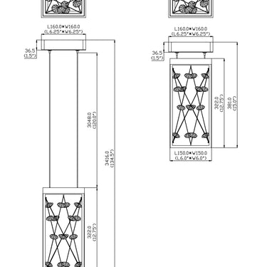 ET2 Entanglement crystal box pendant line drawing with dimensions