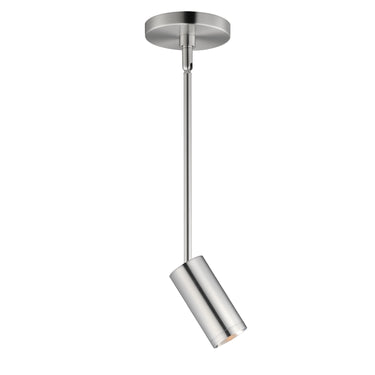 ET2 Pullman Satin Nickel mini retractable arm pendant, front view of the cylinder spotlight tilted on its stem and round canopy, white background