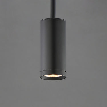 ET2 Pullman Black mini pendant, cylinder spotlight aimed straight down with its recessed lamp glowing
