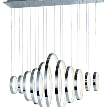 ET2 Hoops LED Polished Chrome pendant, front view of the hoops hanging from a long rectangular canopy