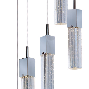 ET2 Fizz III 5-light pendant, Polished Chrome, front view of five bubble glass cubes under a round canopy