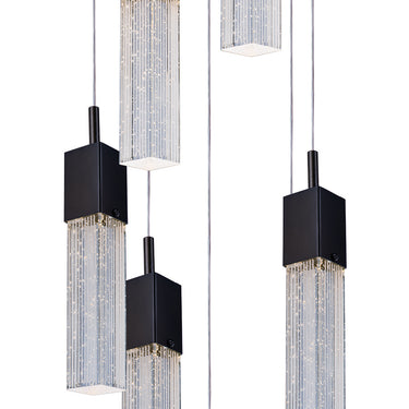 ET2 Fizz III 7-light pendant, Bronze, front view of seven bubble glass cubes at varied heights