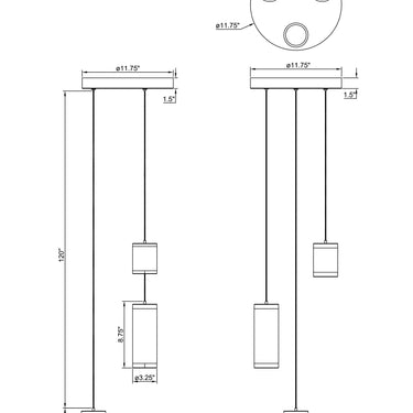 ET2 Cuff multi-light cylinder pendant 3-Light line drawing with dimensions