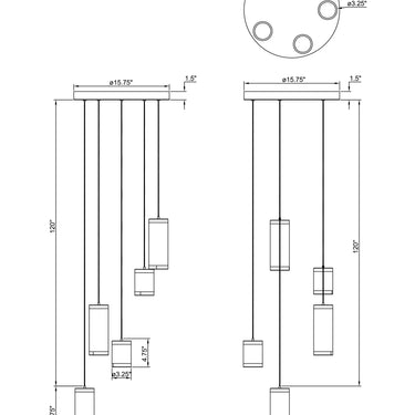 ET2 Cuff multi-light cylinder pendant 5-Light line drawing with dimensions