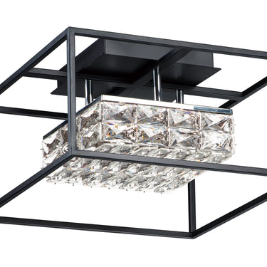 ET2 Zephyr Black flush mount, front view of the black open cube frame around a square of beveled crystal panels, white background