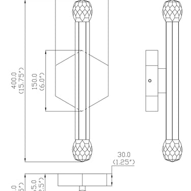 ET2 Allumettes clear crystal wall sconce 2-Light line drawing with dimensions