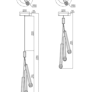 ET2 Allumettes multi-light crystal pendant 3-Light line drawing with dimensions