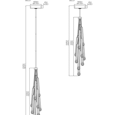 ET2 Allumettes multi-light crystal pendant 12-Light line drawing with dimensions