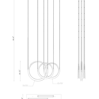ET2 Tether multi-light ring pendant line drawing with dimensions