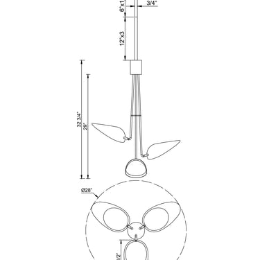 ET2 Marsh leaf shade pendant line drawing with dimensions