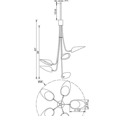 ET2 Marsh multi-light pendant line drawing with dimensions