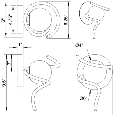ET2 Planetary smoke glass globe wall sconce line drawing with dimensions