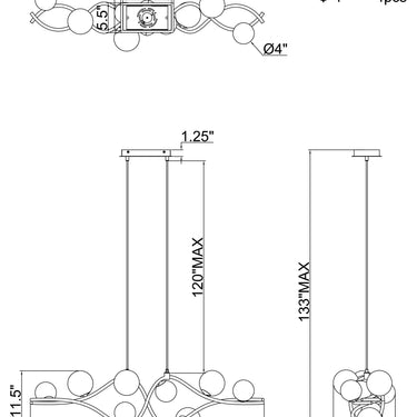 ET2 Planetary linear glass globe pendant line drawing with dimensions