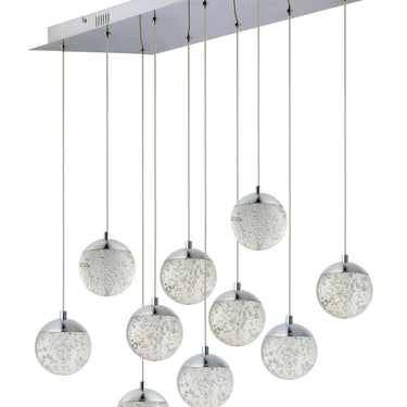 ET2 Orb II 10-light pendant, Polished Chrome, ten bubble glass balls under a long rectangular canopy
