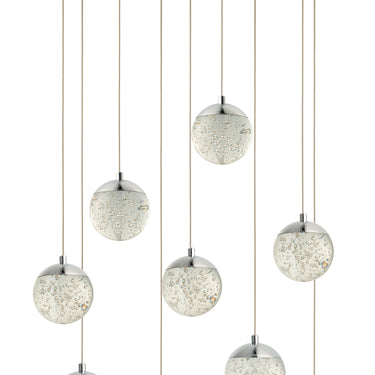 ET2 Orb II 9-light pendant, Polished Chrome, nine clear bubble glass balls under a round canopy