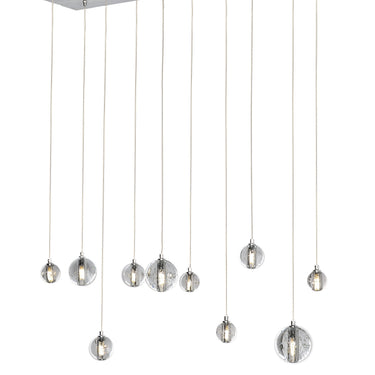 ET2 Harmony linear pendant in Polished Chrome, front view of the canopy with bubble glass balls at staggered heights