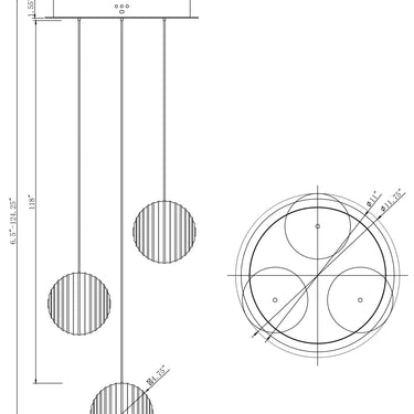 ET2 Pulse multi-light ridged pendant 3-Light line drawing with dimensions