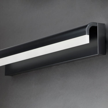 ET2 Waterfall bath vanity light, Black, mounted horizontally on a dark wall