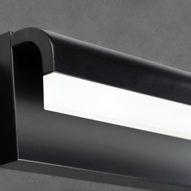 ET2 Waterfall bath vanity light, Black, close-up of the end cap and frosted diffuser