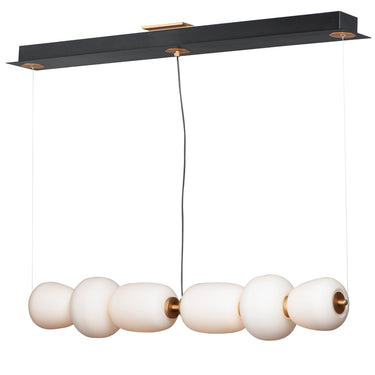 ET2 Soji 40 in linear pendant, front view of the white glass lanterns below a black rail canopy