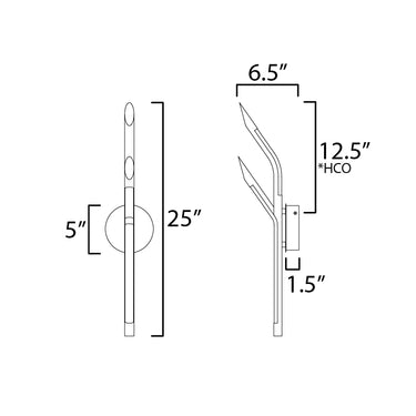 ET2 Scion slim vertical wall sconce line drawing with dimensions