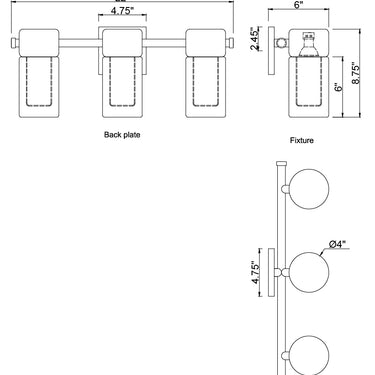 ET2 Dram dual cylinder bath vanity light line drawing with dimensions