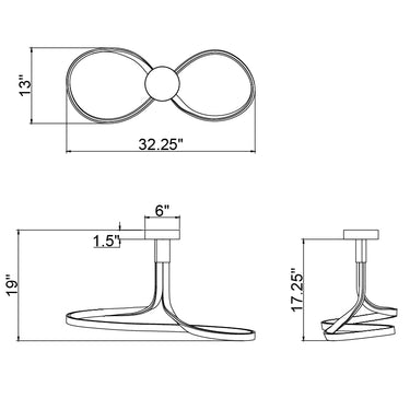 ET2 Serpentine spiral aluminum semi-flush mount line drawing with dimensions