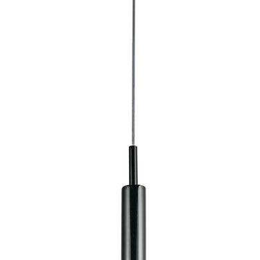 ET2 Scepter mini pendant, front view of a slender clear bubble glass rod with black chrome cap on a thin cord, white background