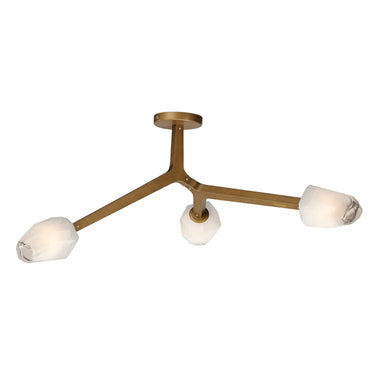 ET2 Blossom three-arm branch flush mount in Natural Aged Brass with frosted glass shades, front view
