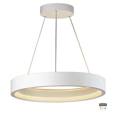ET2 iCorona FoH Friends of Hue smart pendant, Matte White ring on suspension wires, front view with warm white light
