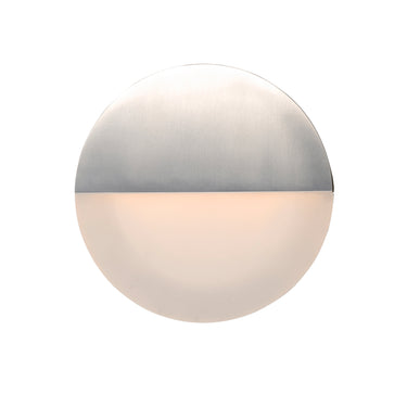 ET2 Alumilux Glow outdoor wall sconce, 10 x 10 in Satin Aluminum, front view of the round disc with a brushed metal top half and frosted lower half