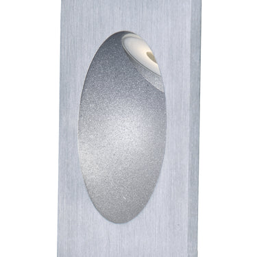 ET2 Alumilux Step Light low voltage outdoor wall light, Satin Aluminum, front view of the brushed square plate with an oval recess and LED
