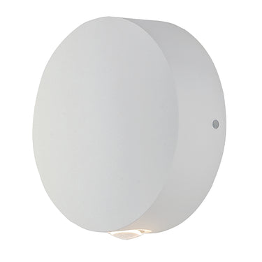 ET2 Alumilux Glint compact aluminum outdoor wall light, White, front view of the round disc with its small LED at the bottom