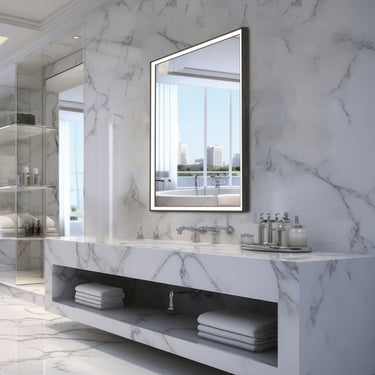 ET2 Bevel LED mirror with a black frame above a floating marble vanity with open shelf in a modern bathroom