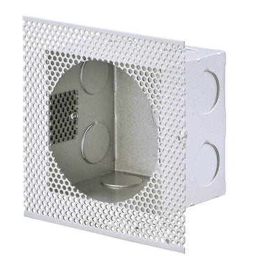 ET2 Alumilux Step Light rough-in box, empty metal box with perforated flange and knockouts, front view