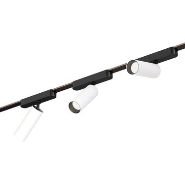 ET2 Continuum Mini Spot track light, White / Black, three heads on a black track, one tilted out of line