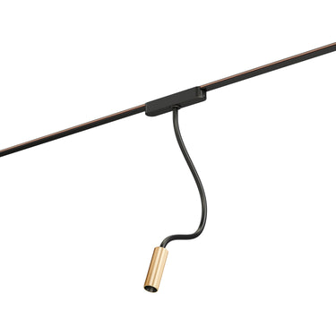 ET2 Continuum Reading track light, Black / Gold, gooseneck arm with gold lamp end hanging from a black track