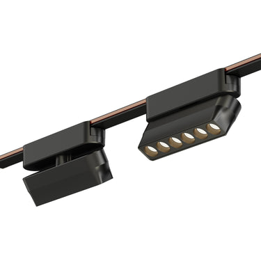ET2 Continuum Gimbal Optic track light, 5 in Black, two heads on a black track, one turned sideways