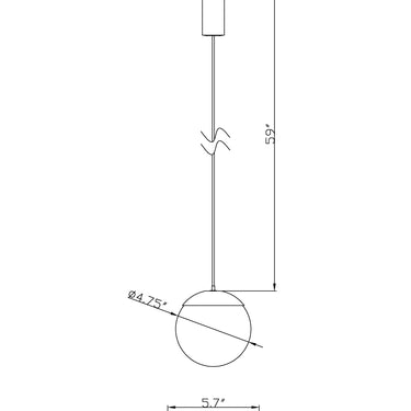 ET2 Continuum snowball track pendant line drawing with dimensions, round globe on a cord from the track adapter