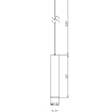 ET2 Continuum tube track pendant line drawing with dimensions, cylinder on a cord from the track adapter