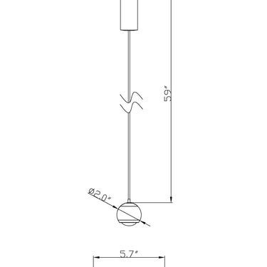 ET2 Continuum sphere track pendant line drawing with dimensions, small ball on a cord from the track adapter
