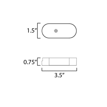 ET2 Continuum track splice box line drawing with dimensions, 3.5 in long, 1.5 in wide, 0.75 in high