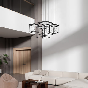 ET2 Entanglement black wire box pendant with four cube frames hanging in a tall living room with a cream sofa