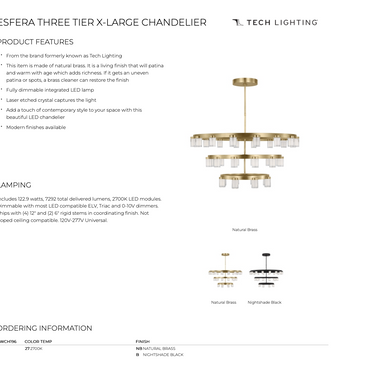 Natural Brass Extra Large Three-Tier LED Chandelier for Home & Business