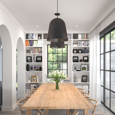 Modern classic large dark metal bell pendant, creates strong statement, residential living space.