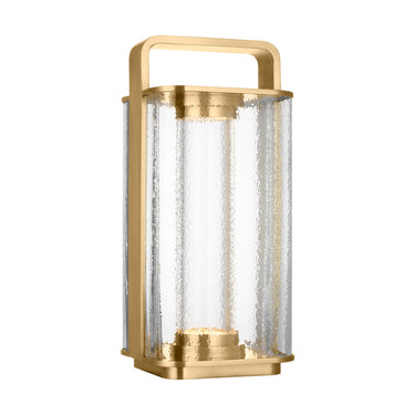 Hand-rubbed brass LED lantern table lamp, portable and ideal for patios, bedrooms, and living rooms